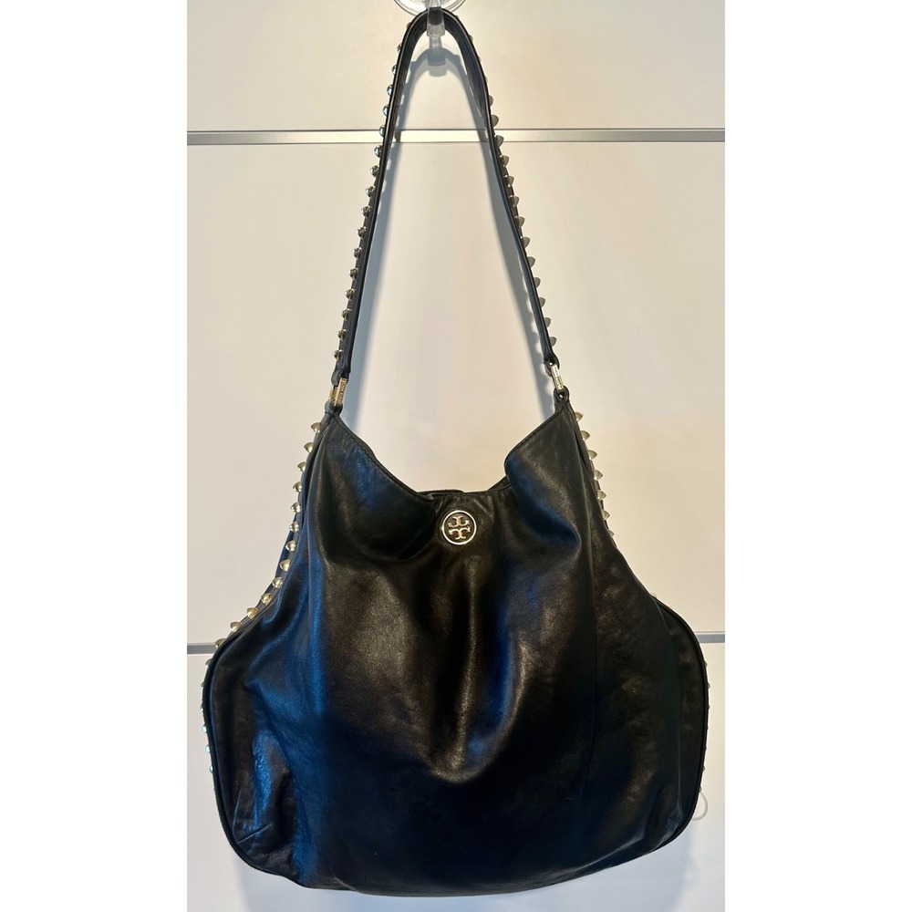 Tory Burch Black Leather Pyramid Studded Shoulder Bag Slouchy Large $540 READ